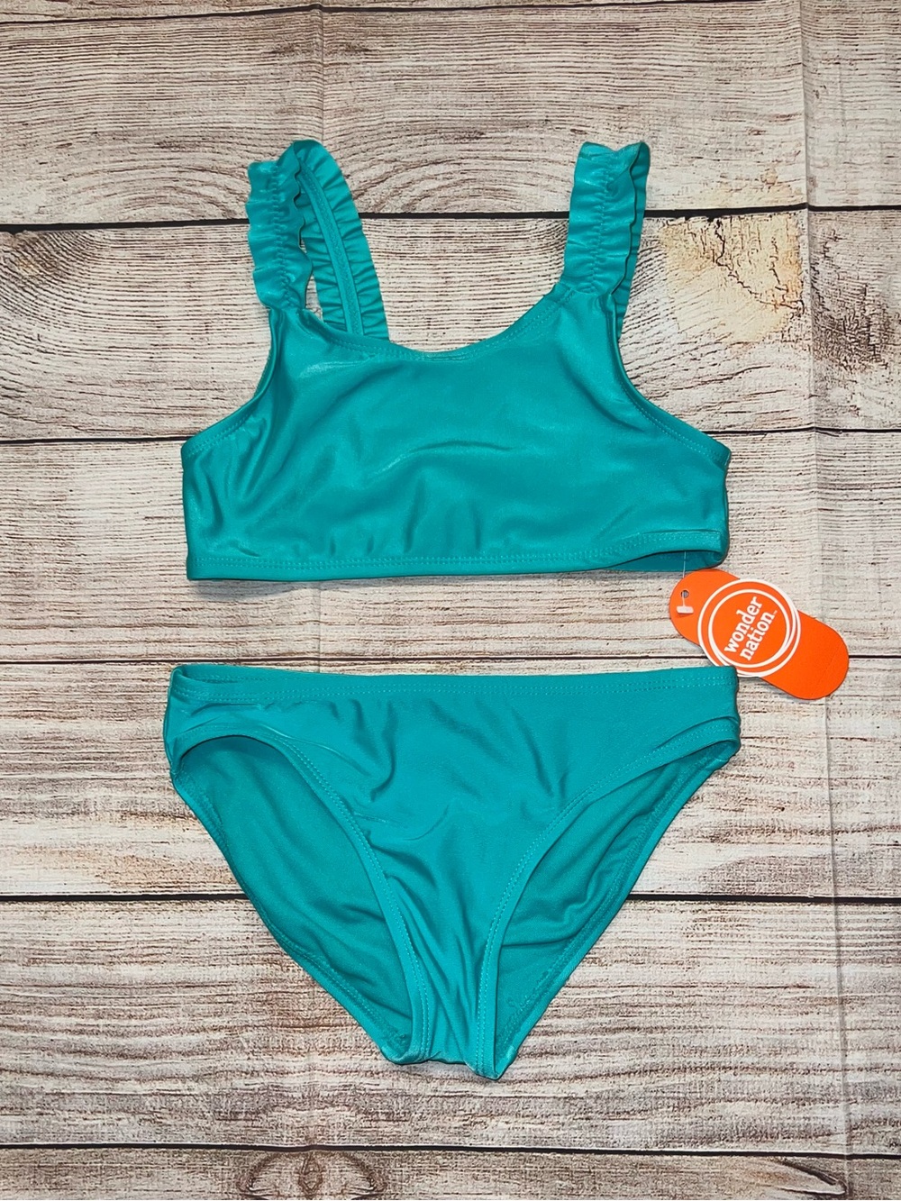 wonder nation Teal Ruffle-Strap Girls' Two-Piece Swim Bikini Size 8 (M)